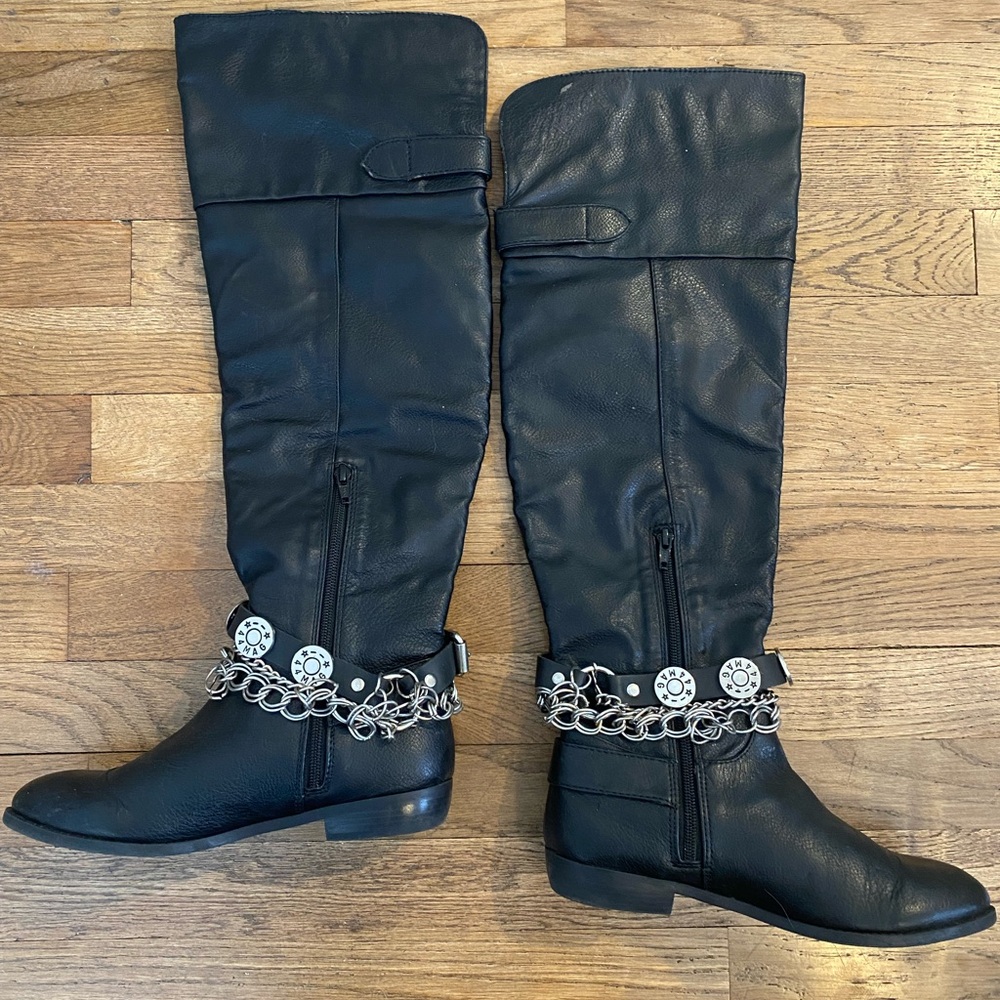 Tall Black Womens Boots Chain Womens 7.5 Over The Knee Bikercore Conchos